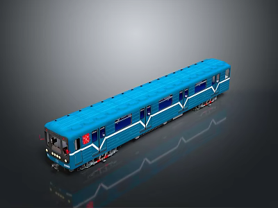 Blue Train Model with Windows White Stripes Red Logo on Black Background with Reflection 3d model