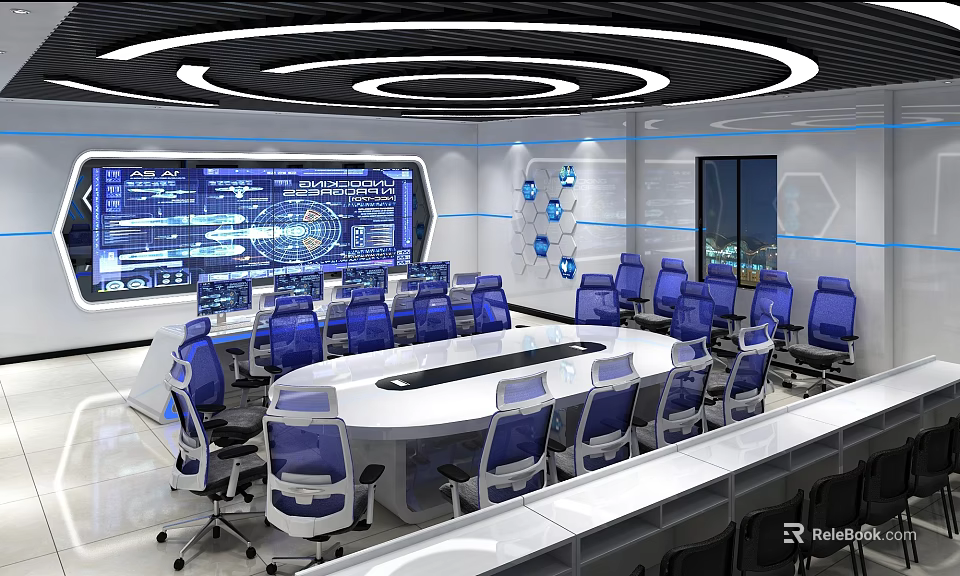 High Tech Monitoring Room Interior With Large Surveillance Screens Console And Blue Office Chairs 3d model 