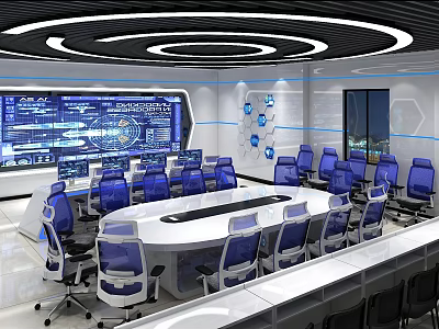 High Tech Monitoring Room Interior With Large Surveillance Screens Console And Blue Office Chairs 3d model