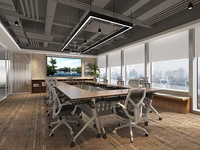 Modern Conference Room With Long Table Chairs Large Screen City View And Green Plants 3d model