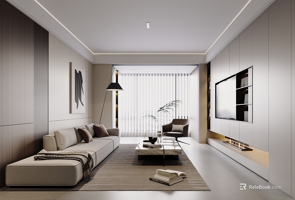 Modern Living Room Interior With Neutral Sofa Coffee Table Floor Lamp TV Wall And Curtains 3d model 