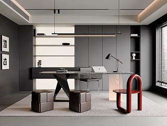 Modern Italian Study Desk and Chair Combination Single Chair Book Chair Chandelier Bookcase 3d model