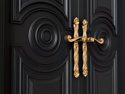 Elegant Ornate Golden Door Handle On Black Door With Intricate Carvings 3d model