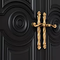 Elegant Ornate Golden Door Handle On Black Door With Intricate Carvings