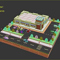 Scenic 3D Building Landscape With Trees Parking Lot Road And Vehicles