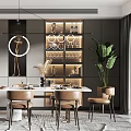 Elegant Modern Dining Table Set With Marble Top Brown Chairs And Display Cabinets 3d model