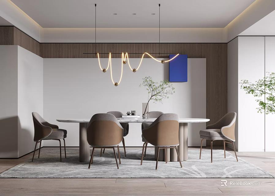 Modern Restaurant Interior With Round Dining Table Gray Rug Chandelier Wooden Wall And Green Plant 3d model 