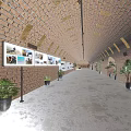 Brick Arch Corridor Interior With Display Boards Plants Vintage Items And Lighting