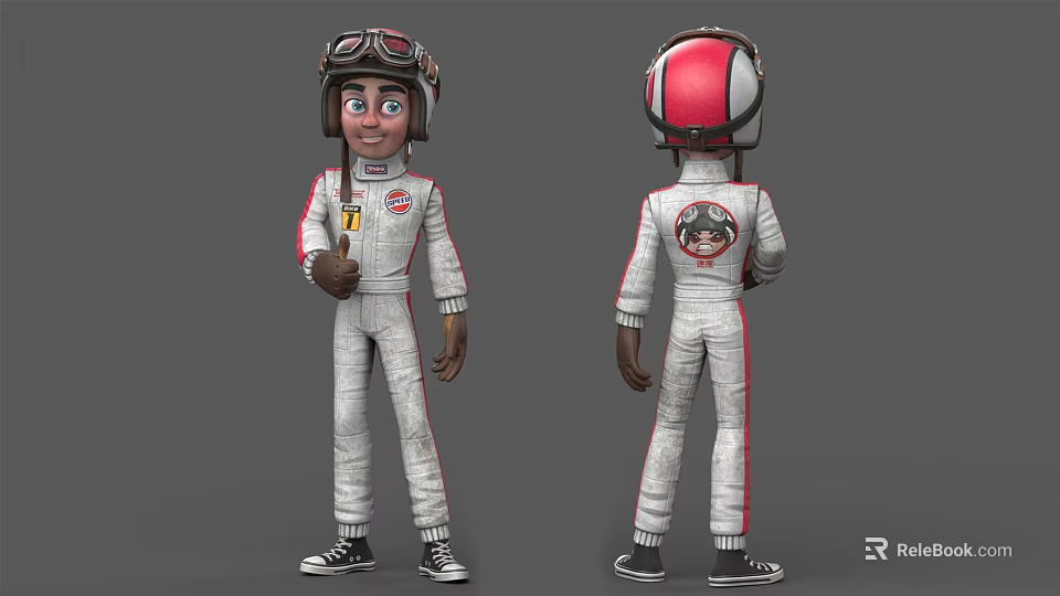 Cartoon Racer Character In White Racing Suit With Red Helmet Front Back View Round Logo 3d model 