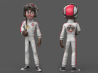 Cartoon Racer Character In White Racing Suit With Red Helmet Front Back View Round Logo 3d model
