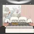 Pastel Modern Kids Room Interior With Elephant Mural Bed Wardrobe And Pendant Light