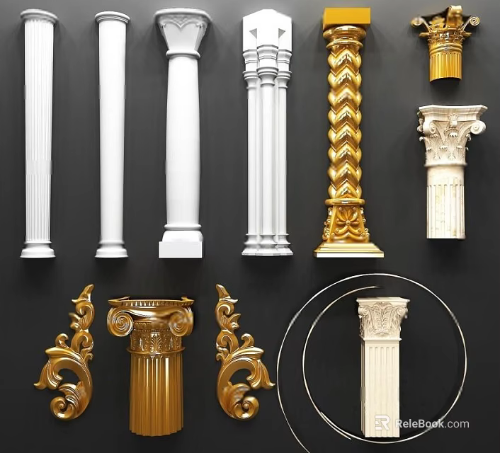 Various Roman Columns With White Gold Ornate Carvings And Classical Decorative Designs 3d model 