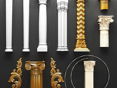 Various Roman Columns With White Gold Ornate Carvings And Classical Decorative Designs 3d model