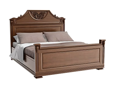 Classic Wooden Double Bed With Intricate Carved Headboard And Frame 3d model