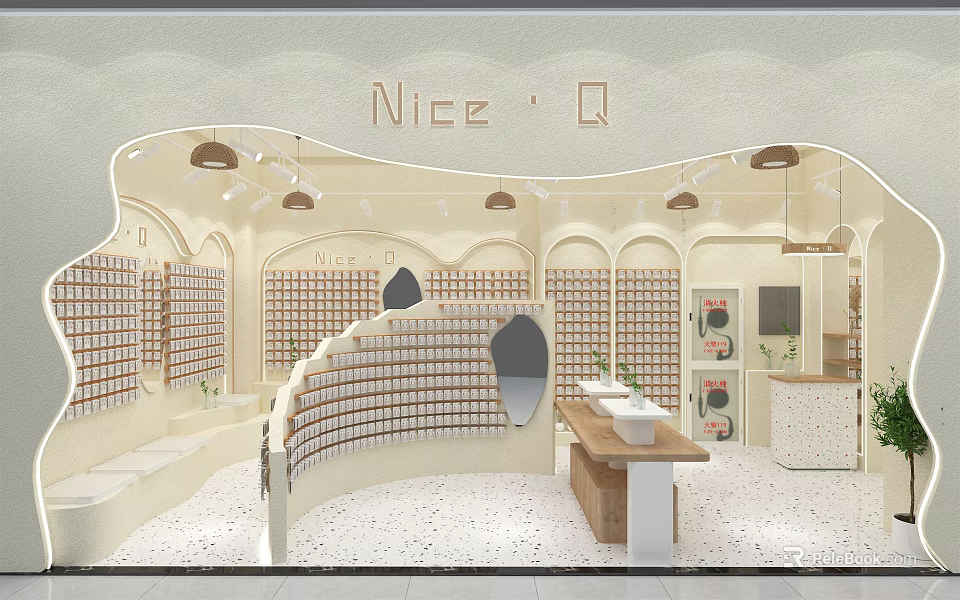 Nice Q Retail Store Interior With Curved Shelves Product Displays And Pendant Lights 3d model 