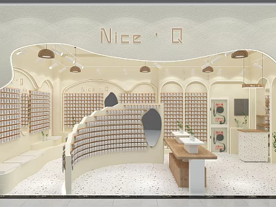 Nice Q Retail Store Interior With Curved Shelves Product Displays And Pendant Lights 3d model