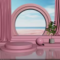 Pink Display Platform With Circular Arch Sea View Beach And Green Plant
