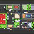 Colorful Cartoon Town Scene With Basketball Court Buildings Roads Cars Trees And Clouds