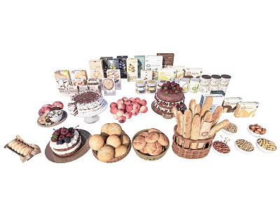 Assorted Homemade Food Display With Cakes Bread Fresh Strawberries Cookies Nuts And Snacks 3d model