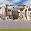 Mediterranean Style Townhouse Exterior With Red Tiled Roof Stone Walls Arched Windows And Wooden Pergola