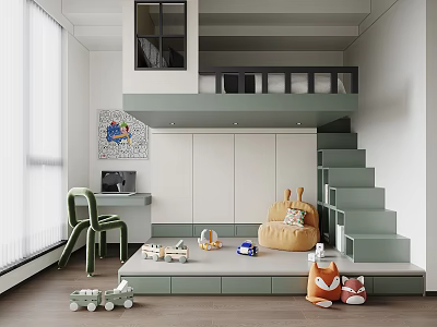 Kids Room Interior Design With Loft Bed Stairs Desk Chair And Toys Storage 3d model