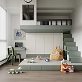 Kids Room Interior Design With Loft Bed Stairs Desk Chair And Toys Storage