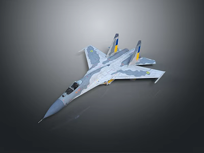 Modern Military Fighter Jet With Gray Camouflage And Yellow Tail Fins Design 3d model
