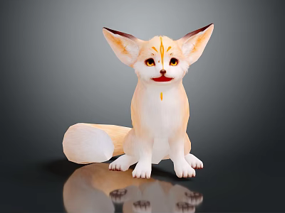 Cute Fennec Fox With Large Ears And Tan Fur Sitting On Dark Surface With Reflection 3d model