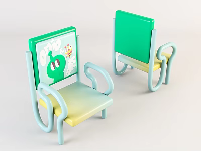 Two Children's Chairs with Green Backrest Light Blue Armrests Gradient Seat and Cartoon Design 3d model