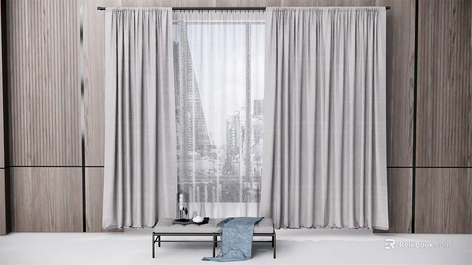 Gray Linen Curtains For Window With City View And Indoor Bench Setup 3d model 