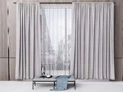 Gray Linen Curtains For Window With City View And Indoor Bench Setup 3d model
