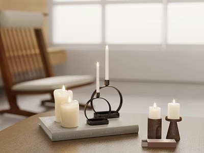 Lit Decorative Candles with Metal Ring Wooden and Book Holders on Tabletop 3d model