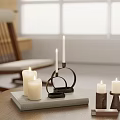 Lit Decorative Candles with Metal Ring Wooden and Book Holders on Tabletop