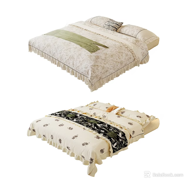 Cozy Double Bed With Patterned Bedding Fringe Detail And Soft Blanket 3d model