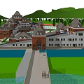 Scenic Red Brick Towered Hotel Building with Riverfront Bridge Access and Mountains