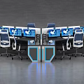 Modern Monitoring Room Setup With Multiple Control Desks And Blue Chairs