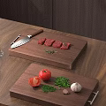 Essential Kitchen Tools Wooden Cutting Boards With Knife For Preparing Meat Tomatoes Herbs And Garlic