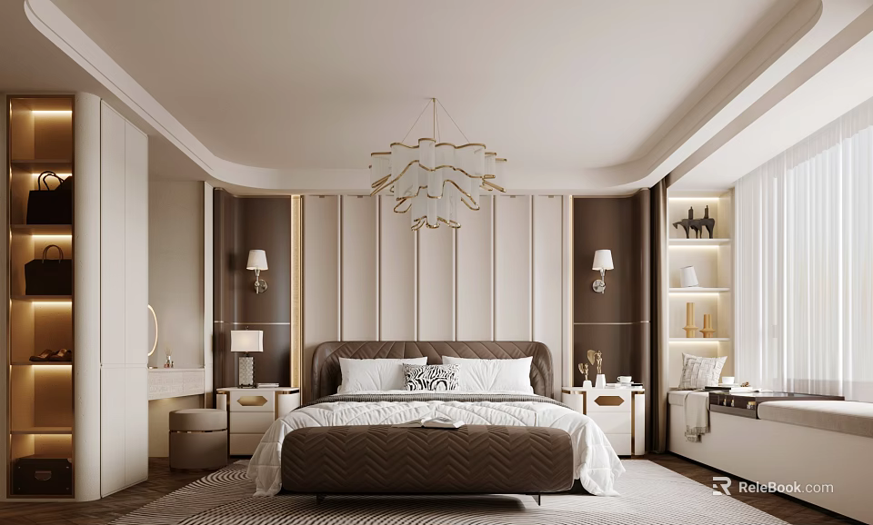 Modern Bedroom Interior With King Bed Chandelier Wall Panels And Nightstands 3d model 