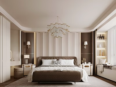 Modern Bedroom Interior With King Bed Chandelier Wall Panels And Nightstands 3d model