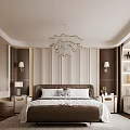 Modern Bedroom Interior With King Bed Chandelier Wall Panels And Nightstands