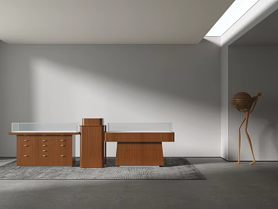 Modern Wooden Display Shelves With Drawers And Countertop In Interior Space 3d model