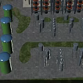 Public Utility Infrastructure With Green Cylindrical Tanks Gray Metal Pipes Grass Lawns And Paved Ground