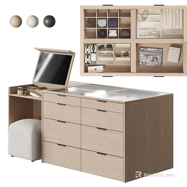 Modern Wooden Storage Cabinet With Drawers Tabletop Open Shelves And Soft Stool 3d model 