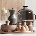 Wooden Tableware Set With Gray Vase Silver Kettle Bowl Cinnamon Sticks And Eggs