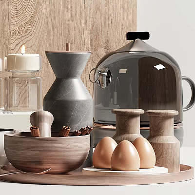 Wooden Tableware Set With Gray Vase Silver Kettle Bowl Cinnamon Sticks And Eggs 3d model