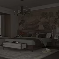 Traditional Chinese Bedroom Interior With Landscape Painting Wall Chandelier Wooden Bed Bench And Area Rug