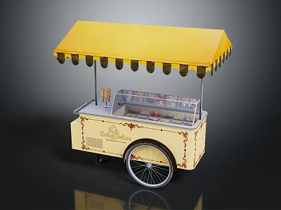 Vintage Yellow Wheeled Food Cart With Decorative Canopy And Display Window 3d model