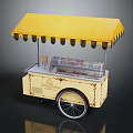 Vintage Yellow Wheeled Food Cart With Decorative Canopy And Display Window