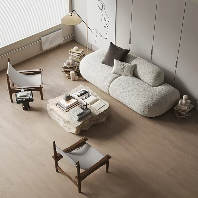 Modern Plush Sofa And Stone Coffee Table Set With Decorative Pillows And Side Chairs 3d model