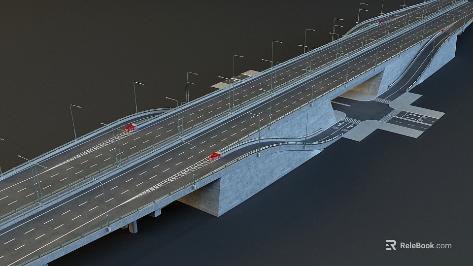 Modern Concrete Bridge With Multi Lane Roadway Street Lamps And Red Cars 3d model 